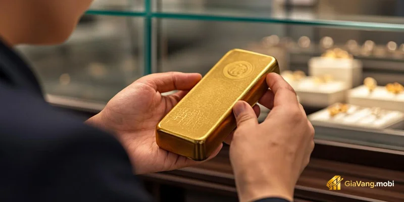 Nhà đầu tư đang kiểm tra vàng miếng SJC tại cửa hàng giao dịch vàng uy tín