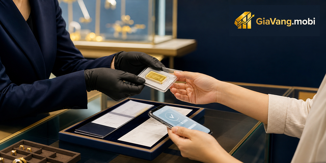Khách hàng nhận sản phẩm vàng, hóa đơn và kiểm tra thông tin tại quầy.