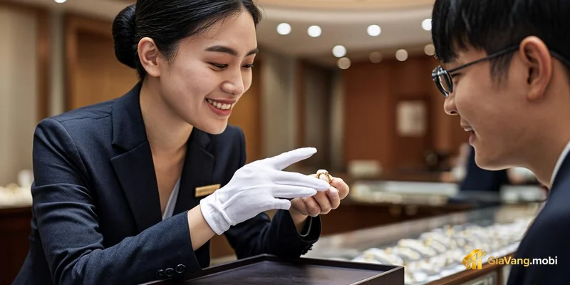 Nhẫn vàng 9999 được kiểm tra dưới kính lúp hiển thị khắc 9999