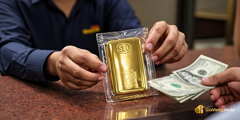 Nhân viên cửa hàng vàng đang giao dịch vàng miếng SJC với khách hàng