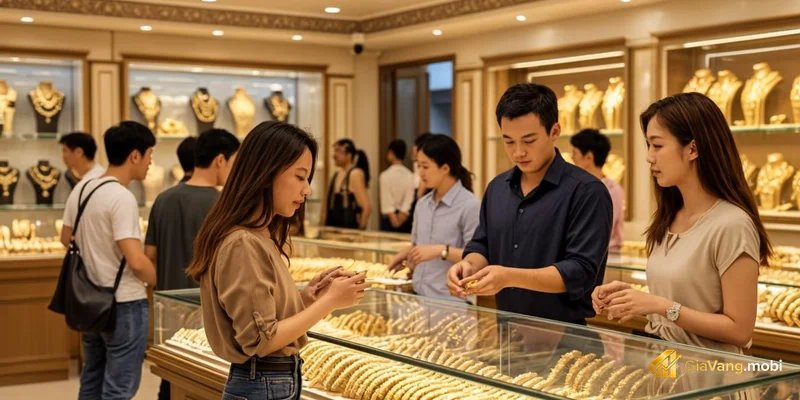 Nội thất cửa hàng vàng với tủ trưng bày sản phẩm vàng 9999