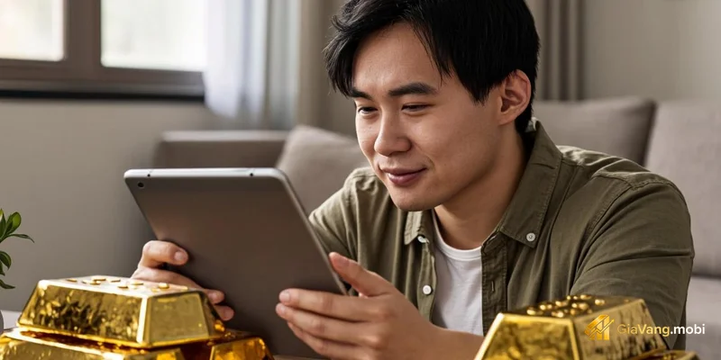 Khách hàng đang xem xét nhẫn vàng 9999 trước khi mua tại quầy